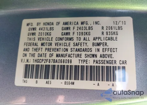 2011 Honda Accord 2.4 Ex-L from USA, damaged, VIN 1HGCP2F87BA068098